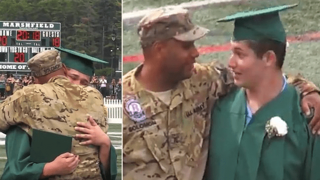 A military father who surprises his son at graduation