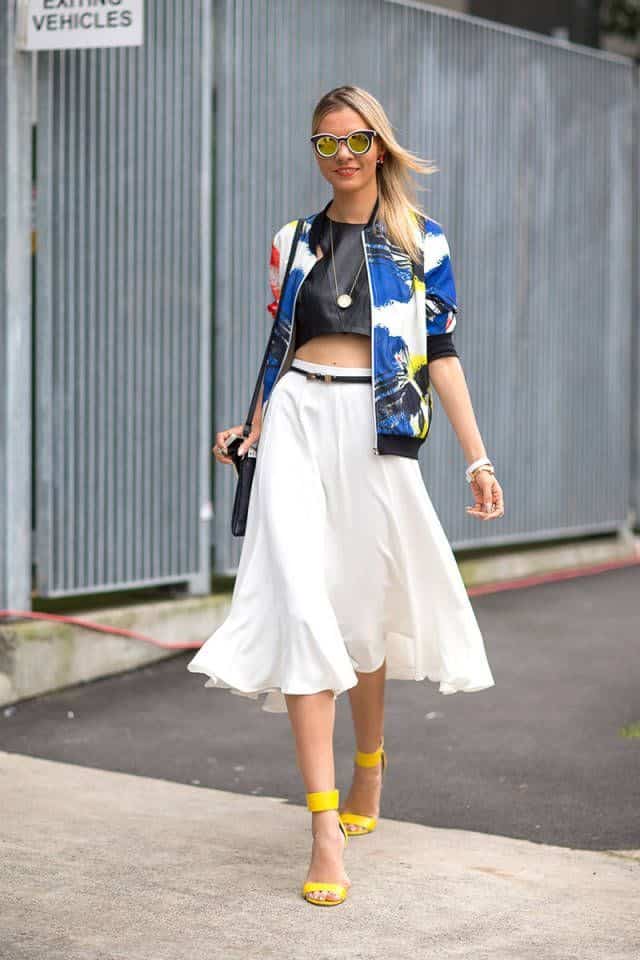 bomber jacket, crop top, skirt