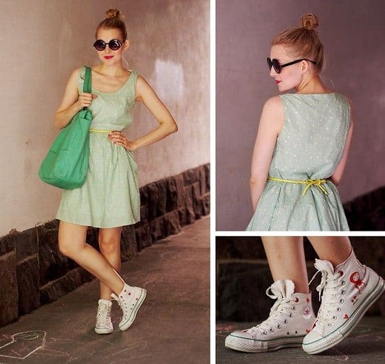 dress, glasses, sneakers