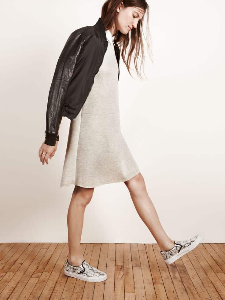 bomber jacket, dress, shoes