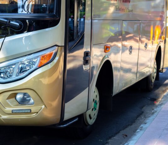 white and brown bus