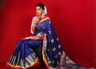 Shop for the Perfect handloom Maheshwari Saree Online woman in blue and yellow sari dress