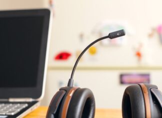 black and brown headset near laptop computer