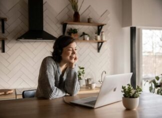 Young cheerful female smiling and talking via laptop while sitting at wooden table in cozy kitchen
