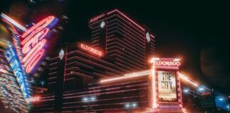 lighted buildings at night