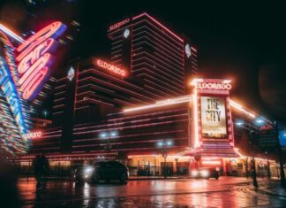 lighted buildings at night