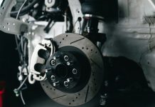 Close-up of a car's performance brake system.