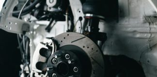 Close-up of a car's performance brake system.