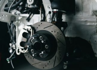 Close-up of a car's performance brake system.