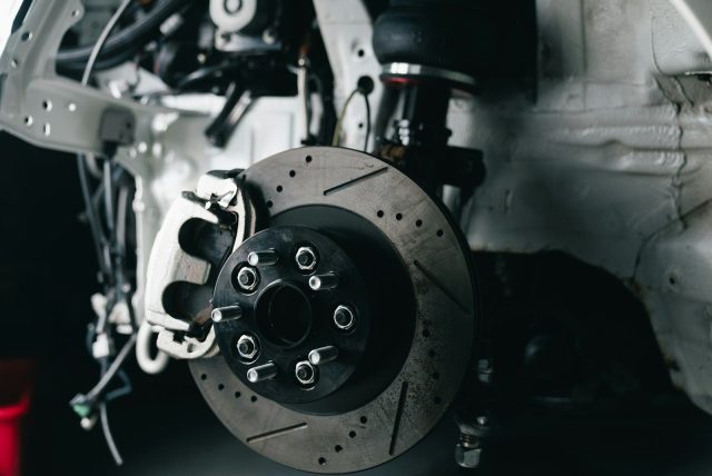 Close-up of a car's performance brake system.